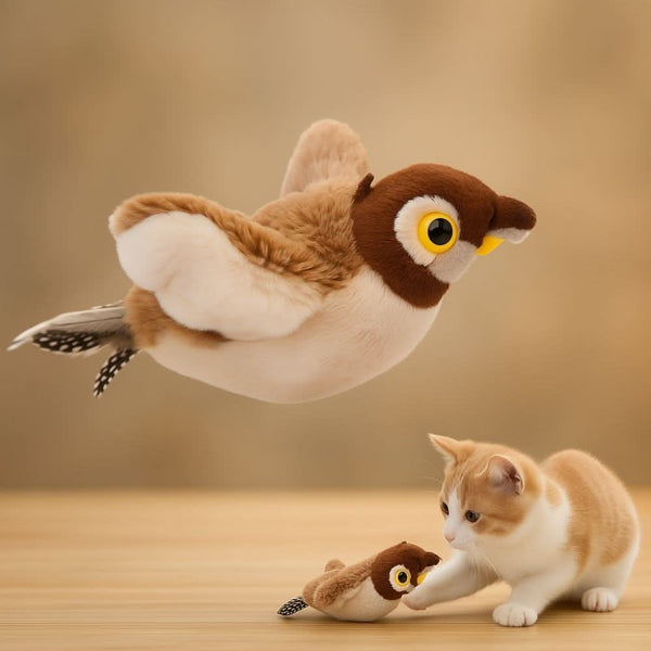 Plush bird toy flying above a playful kitten reaching out on a wooden surface.