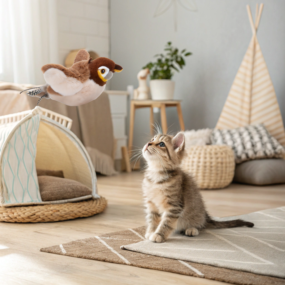Cat playing with touch-activated bird toy that flaps and chirps