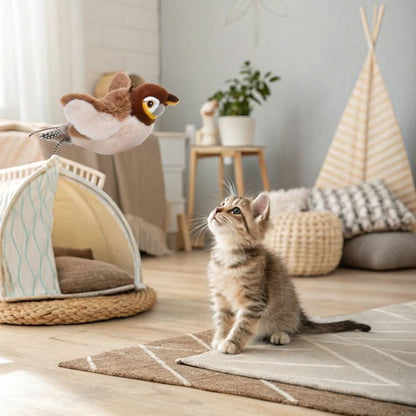 Curious kitten staring at a flying plush bird toy inside a cozy home setting.