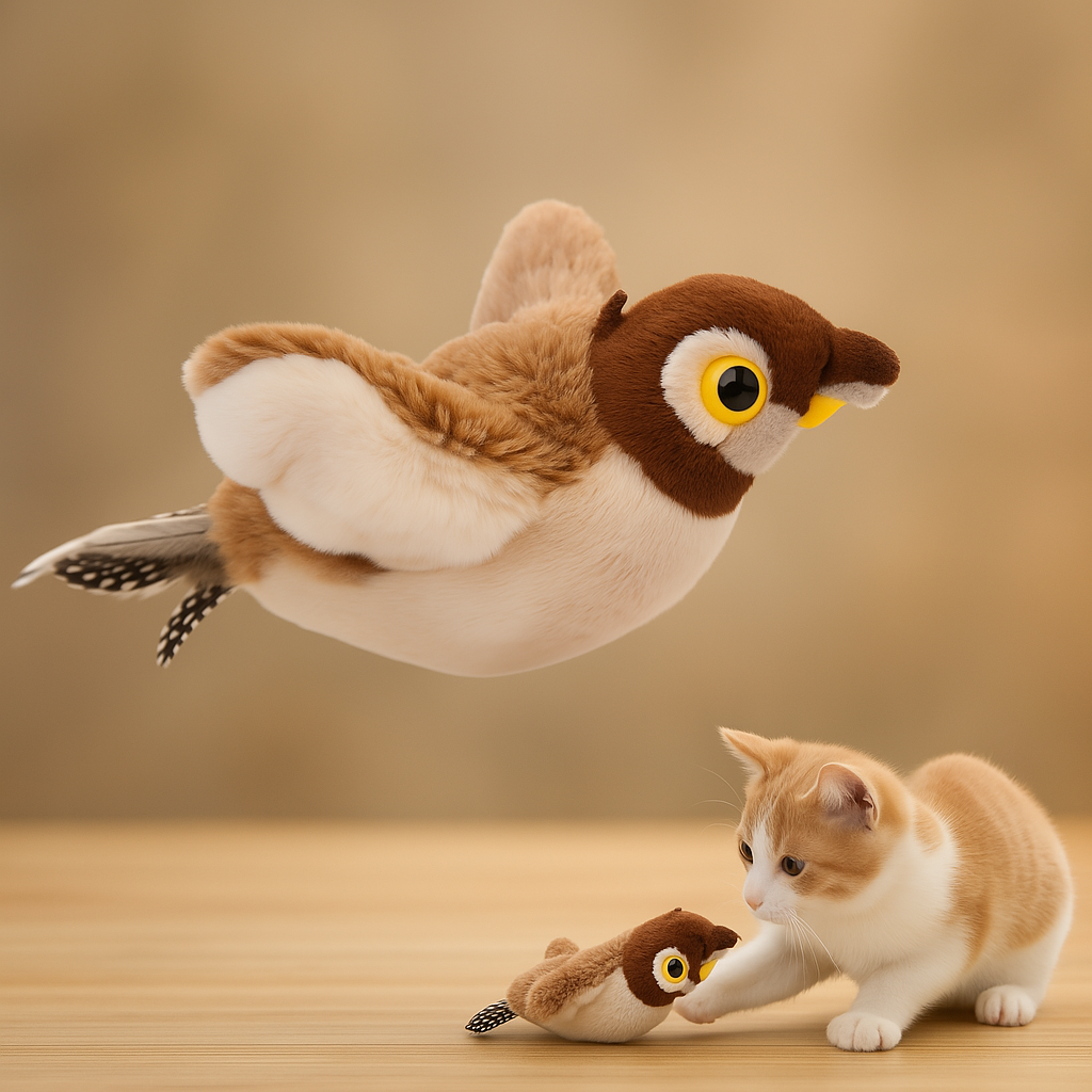 Kitten playing with FluffyDen™ Interactive Plush Bird Cat Toy