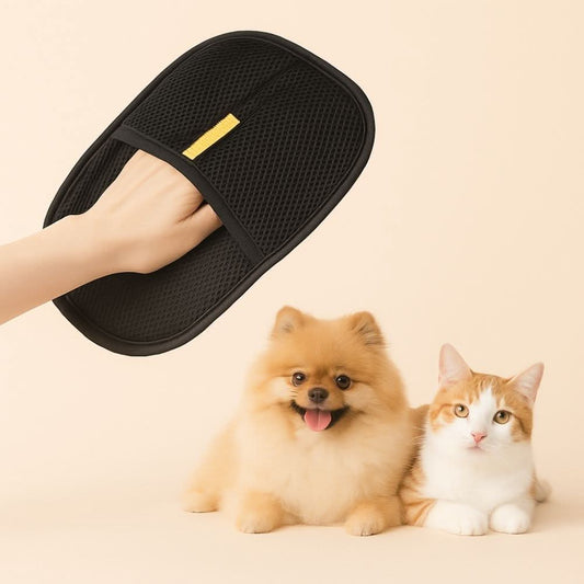 A black pet hair remover glove on a hand, with a happy Pomeranian dog and orange cat lying beside it on a beige background.