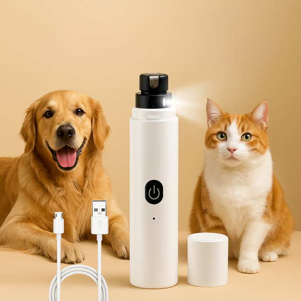 Dog and cat with FluffyDen™ LED Nail Grinder and USB charger