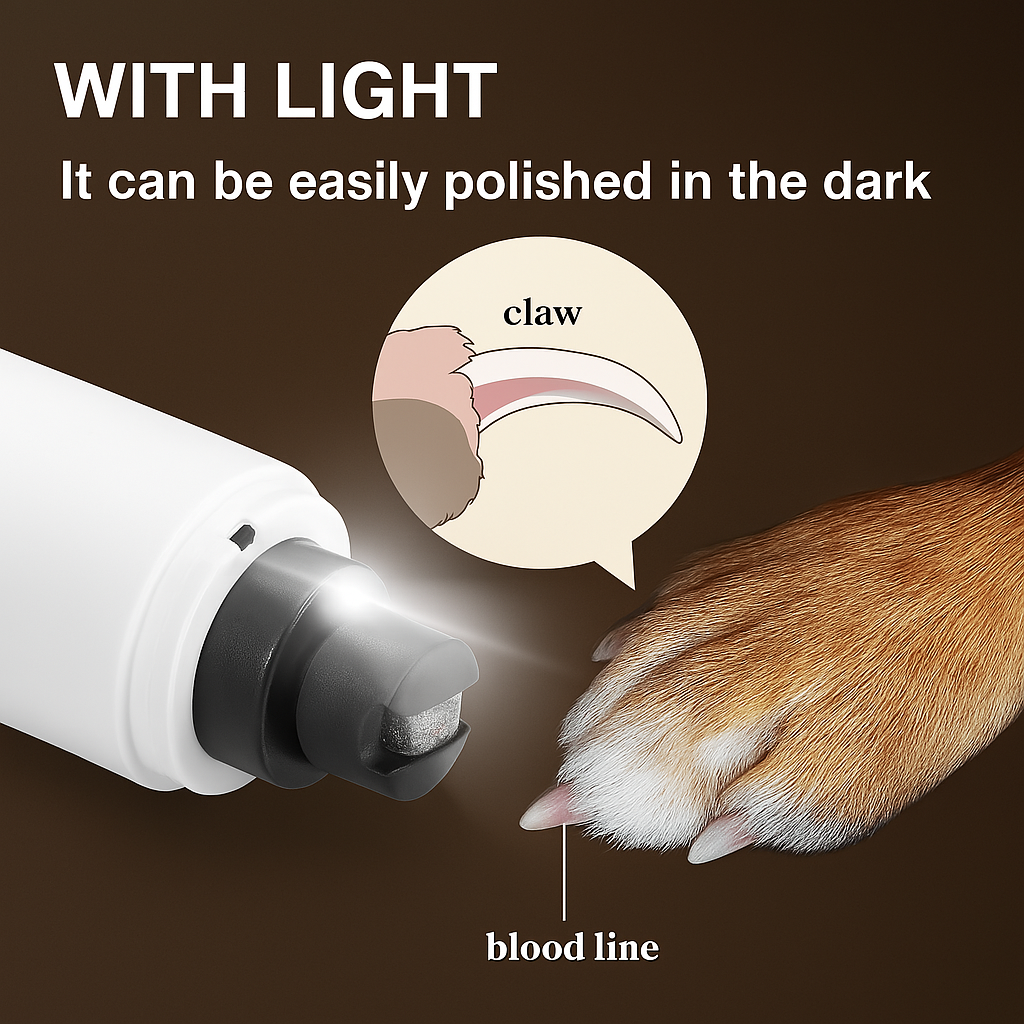 FluffyDen™ LED Nail Grinder shown with light for dark trimming