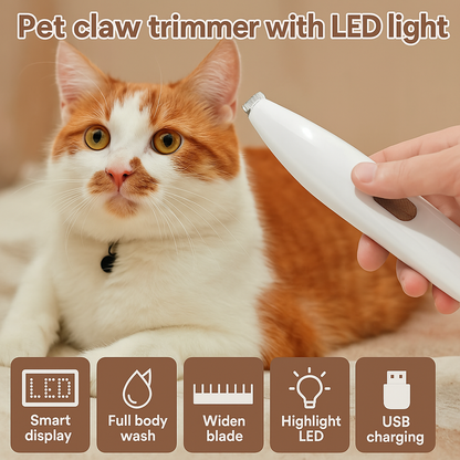 Grooming a cat’s paw using FluffyDen™ LED Paw Trimmer