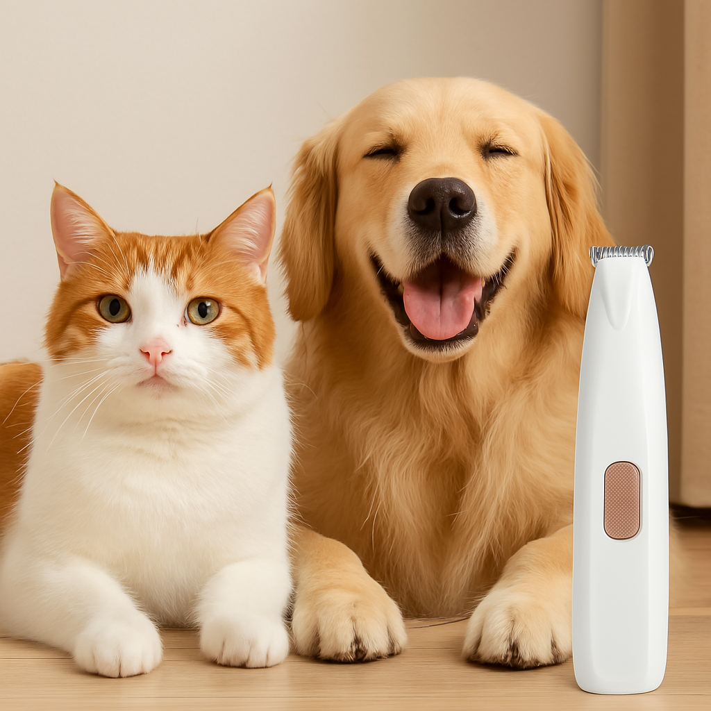 Dog and cat with FluffyDen™ LED Paw Trimmer for pets
