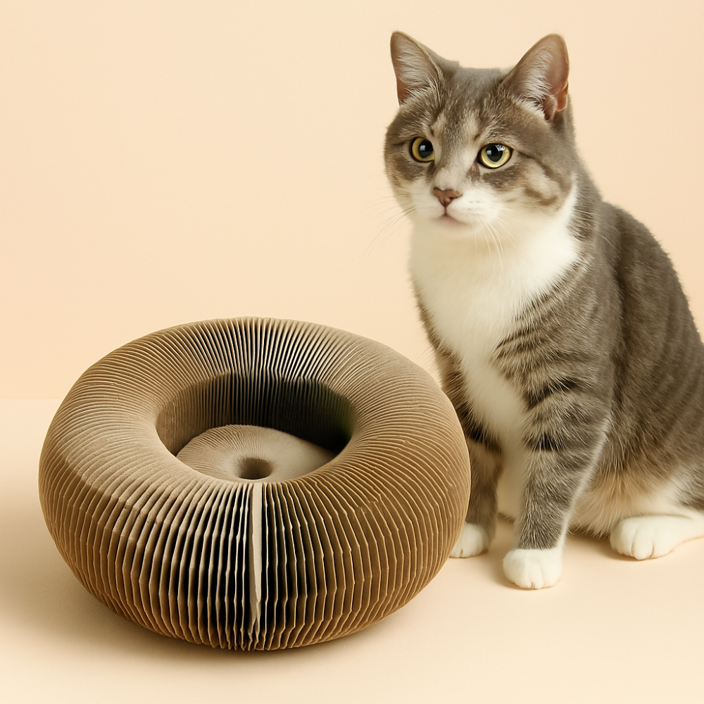 Cat sitting next to FluffyDen™ Magic Cat Scratch Toy