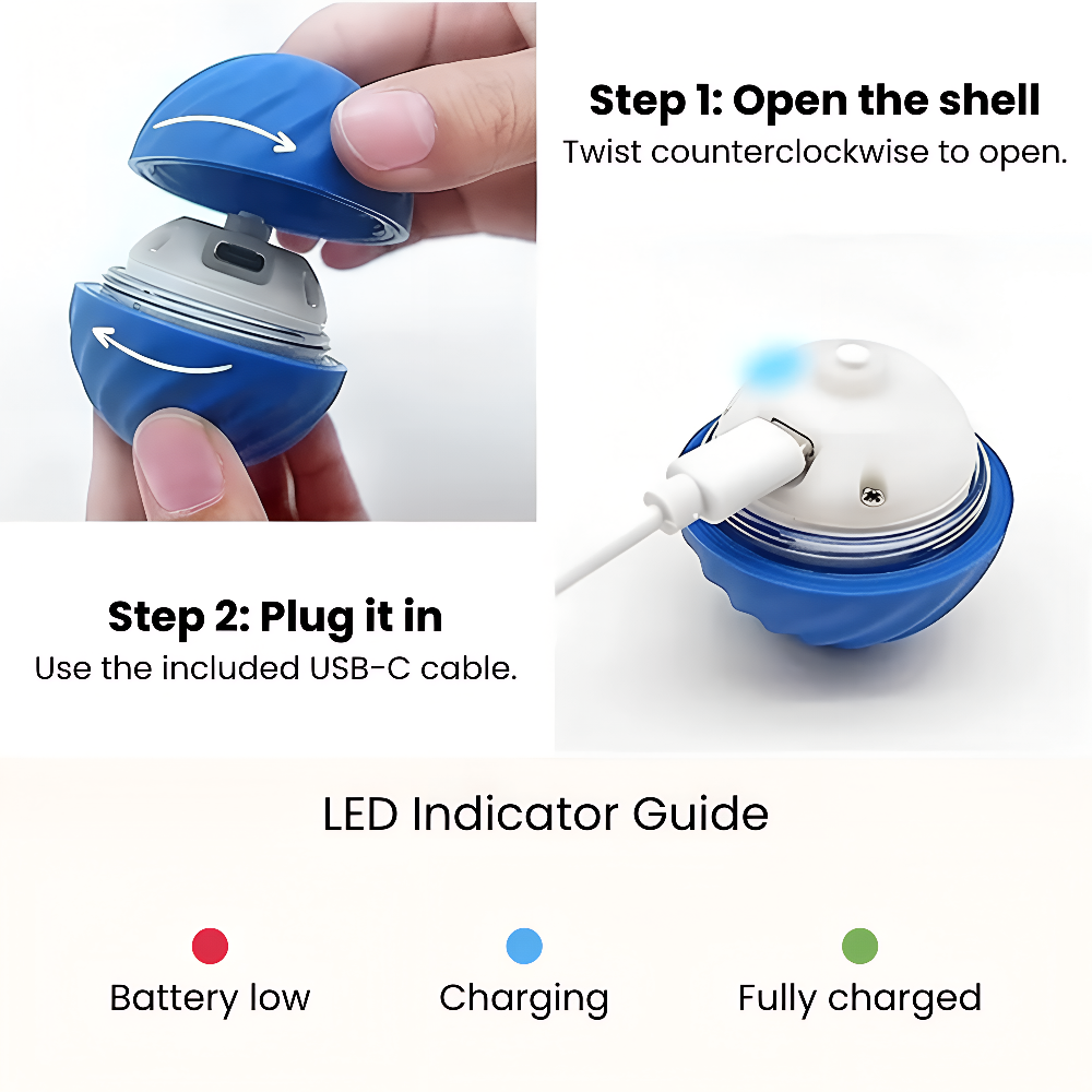 How to open and charge the FluffyDen™ Smart Bouncing Ball Toy with USB-C cable