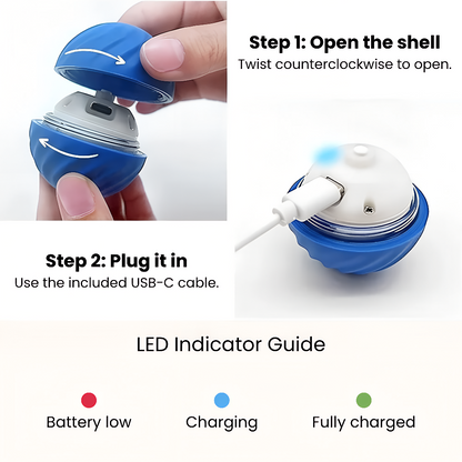 How to open and charge the FluffyDen™ Smart Bouncing Ball Toy with USB-C cable