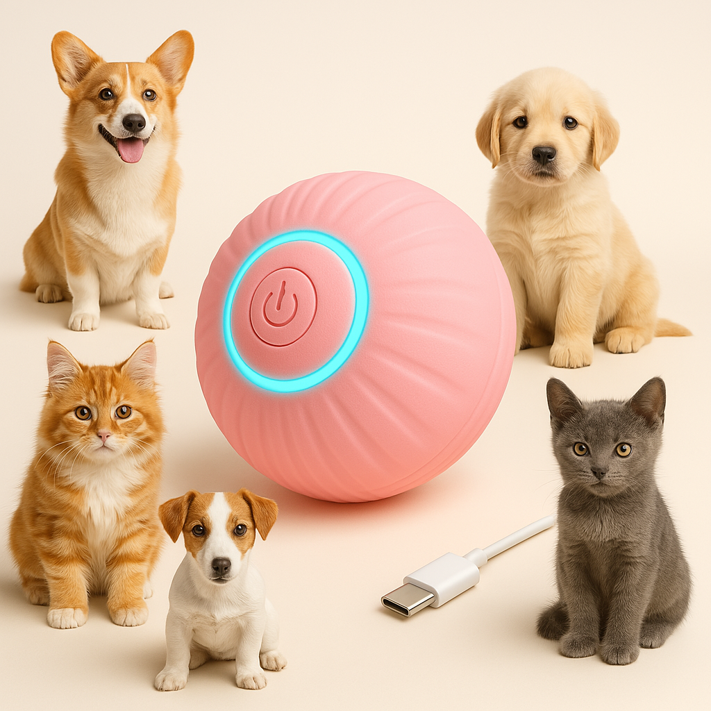 Dogs and cat playing with FluffyDen™ Smart Bouncing Ball Toy