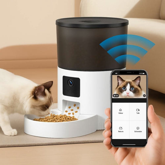 Smart pet feeder with camera shown in a modern living room, connected via smartphone for remote video monitoring.