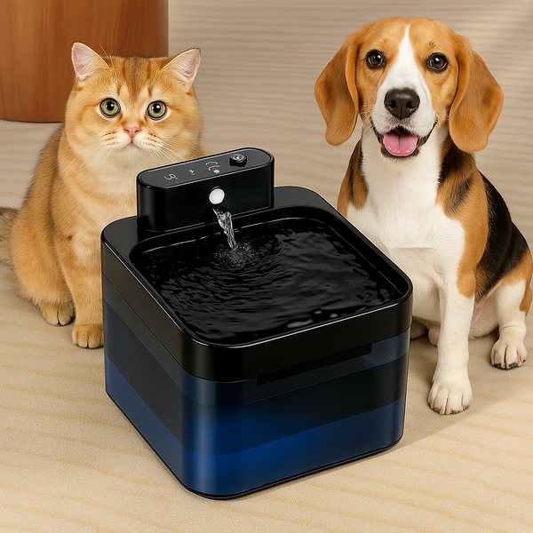 Cat and dog next to FluffyDen™ SmartFlow Pet Fountain