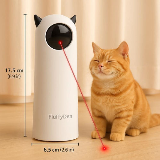A white automatic laser cat toy stands beside a relaxed orange tabby cat, showcasing the product’s actual dimensions.