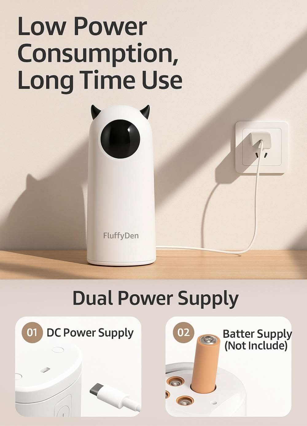 The toy is plugged into a socket, with callouts showing USB-C and battery power options for continuous operation.