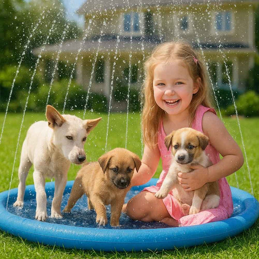 Young girl smiling on a splash pad with three puppies, enjoying water jets in a backyard.