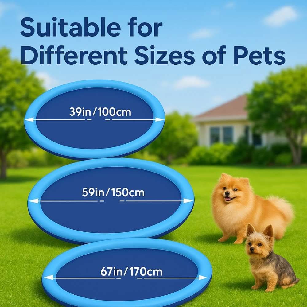 Three size options of a splash pad for pets displayed on grass, with small dogs and clear size labels.
