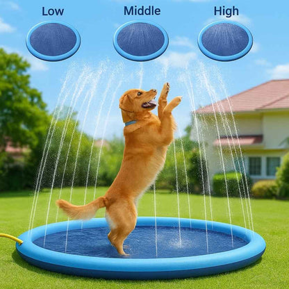 Golden retriever jumping through water streams on a splash pad with adjustable spray levels.