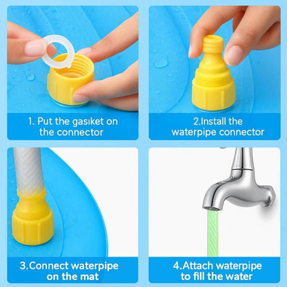 Step-by-step instructions showing how to connect a water pipe to the splash pad using a yellow adapter.