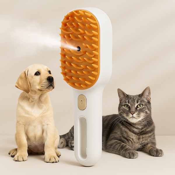 Dog and cat next to FluffyDen™ SteamCare Pet Grooming Brush emitting steam