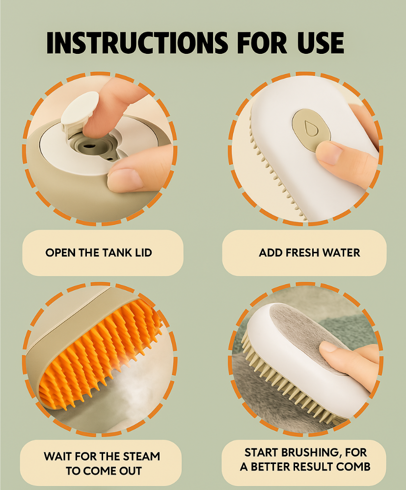Instructions for using FluffyDen™ SteamCare Pet Grooming Brush