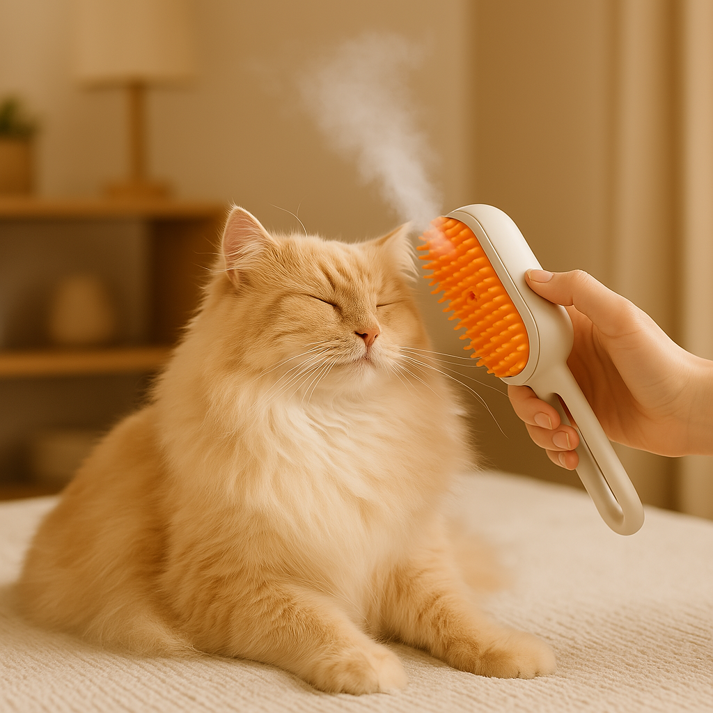 Cat being groomed with steam from FluffyDen™ SteamCare Brush