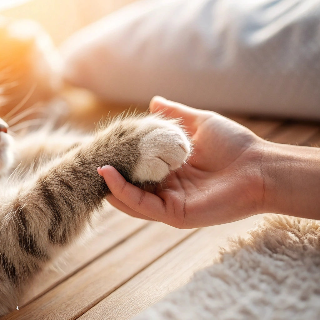 FluffyDen™ pet paw and human hand connection symbolizing trust and care